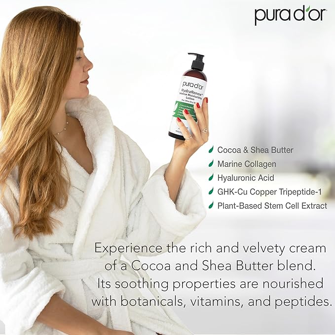 PURA D'OR HydraRenew Intense Moisturizing Lotion for Ultra Dry Skin – Hand & Body Cream with Cocoa & Shea Butters, Hyaluronic Acid, GHK-Cu Copper Tripeptide-1, Marine Collagen, Plant Stem Cells, 16 oz