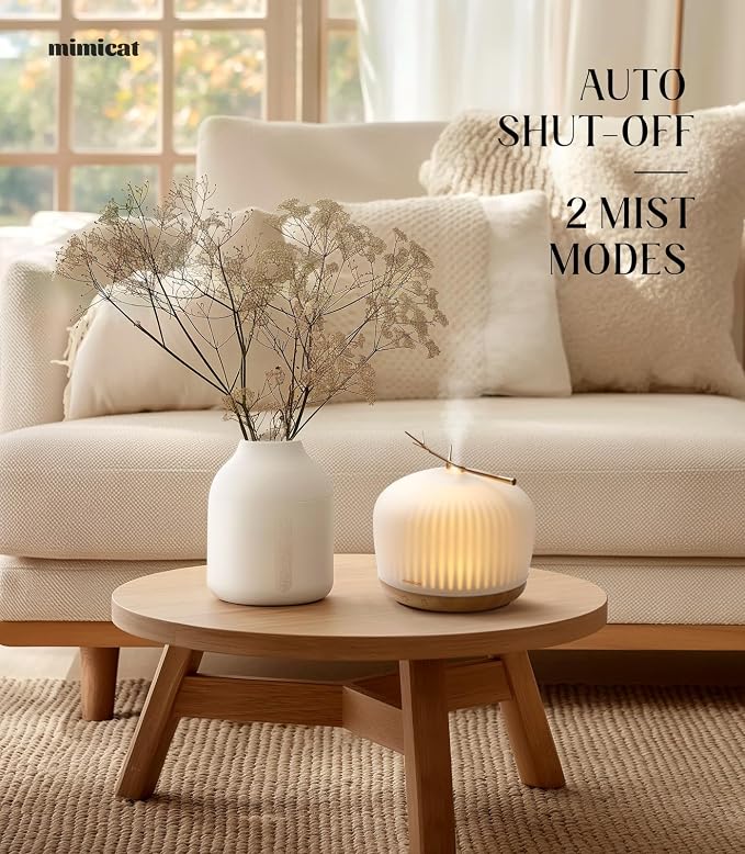mimicat Whisper-Quiet Glass Essential Oil Diffuser for Bedroom – Aromatherapy for Restful Sleep, Auto Shut-Off, 8H/18H Runtime, 230ML, Wood Base