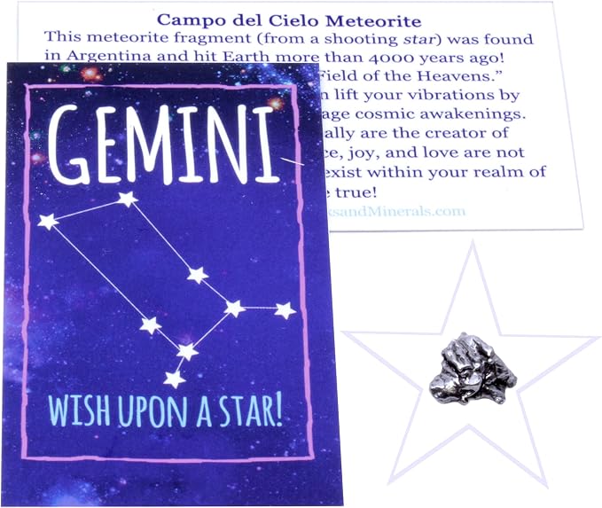 DANCING BEAR Gemini Zodiac Healing Crystals Gift Set (14 Pc): 9 Stones, 18K Gold-Plated Constellation Necklace, Meteorite, Succulent Candle, Palo Santo Smudge Stick, and Info Guide, Made in The USA