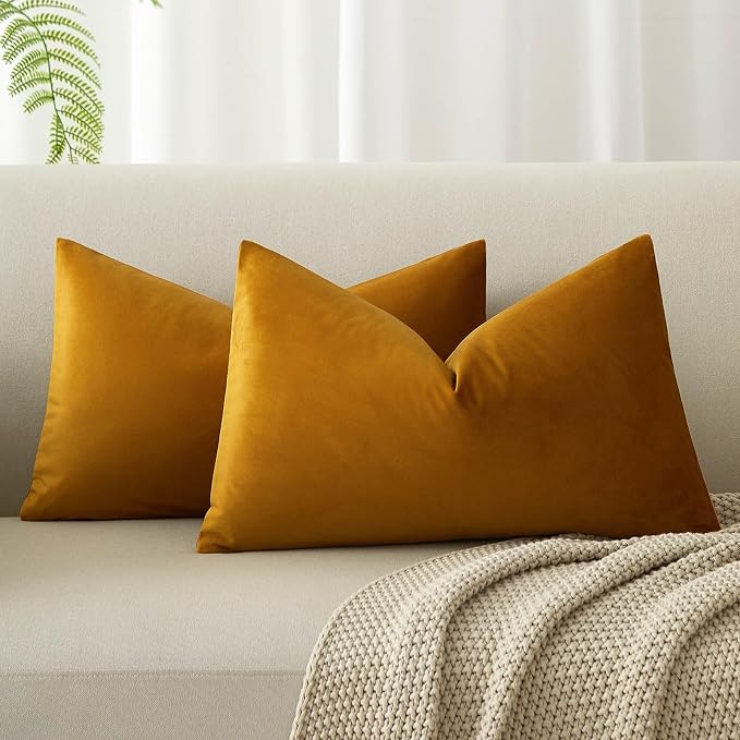 12x20 Decorative Lumbar Velvet Throw Pillow Covers Set of 2,Mustard Yellow | JUSPURBET Cozy Soft Velvet Pillowcases with Invisible Zipper for Modern Couch Sofa Bed Living Room Bedroom Home Decor