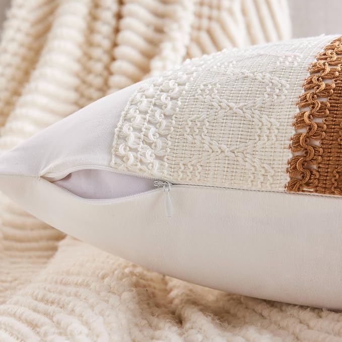 2pk Boho Pillow Covers 24x24, Natural White/Contrast/Caramel | 100% Organic Cotton Body, Stripe Embroidery, Farmhouse Decorative Cushion Covers for Sofa Bed Living Room Home Decor