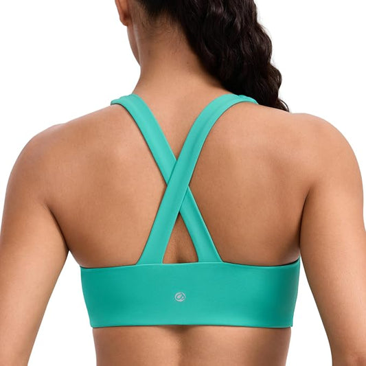 CRZ YOGA SculptAir Wide Straps Cross Back Sports Bras for Women - U Neck Medium Impact Wireless Padded Workout Top
