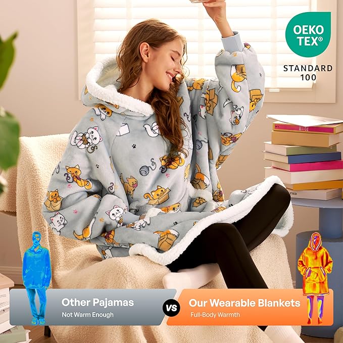 Giggling Getup Wearable Blanket Hoodie for Adults Gifts for Teen Girls Sister Women Sherpa Fleece Printed Hooded Blanket Sweatshirt Warm Cozy with Pocket & Sleeves Grey Cat
