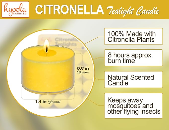 Hyoola Tealight Citronella Candles Outdoor, 8 Hour Burn Time - Indoor and Outdoor Mosquito, Insect and Bug Repellent Citronella Candle, Natural Fresh Scent, Decorative in Clear Cup (Pack of 80)