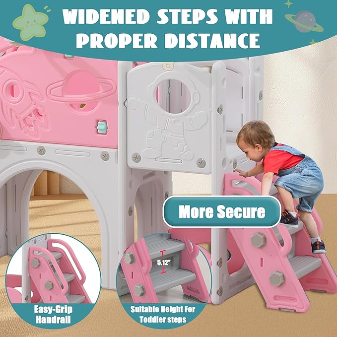 12 in 1 Toddler Slide, Astronaut Themed for Baby Slide Toddlers Aged 3+, with Astronaut,Telescope, Basketball Hoop and Ring Toss, Toddler Playset Pink Gray Combo