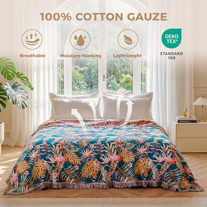 LUTBM Boho Throw Blanket for Couch 50"x60", Cotton Decorative Bed Throws | Reversible Leaves Birds Jacquard, All-Season Lightweight Soft Blanket, For Chair Sofa Bedroom Living Room Decor, Accent Gift