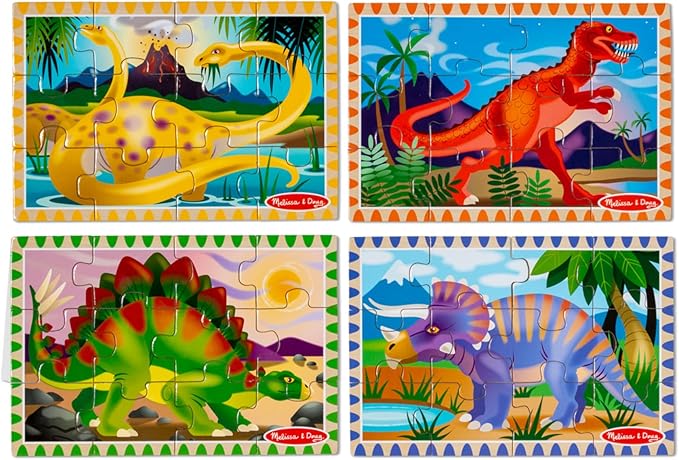 Melissa & Doug 4‑in‑1 Wooden Dinosaur Jigsaw Puzzle Set, 48 Pieces with Storage Box, Toddler Puzzle Toy for Kids Ages 3+ - FSC Certified