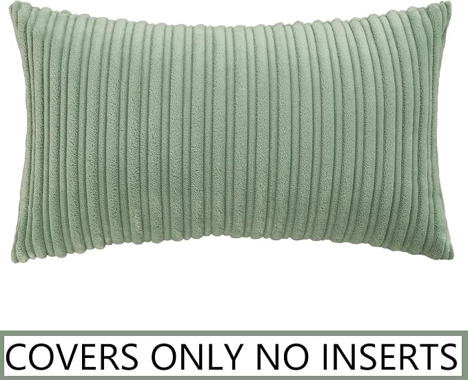 UGASA Velvet 12x20 Inch Lumbar Soft Throw Pillow Cover Farmhouse Decorative Corduroy Striped Both Sides Solid Rectangular Cushion Case for Couch Bedroom Sofa Home, 1 Piece, Sage Green