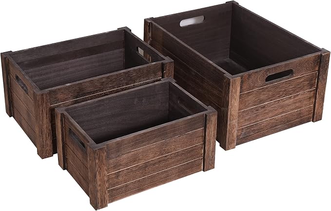 Farmhouse Antique Black Wooden Crate for storage,Rustic Decorative Boxes,Set Of 3 Nesting Wooden Storage Crates For display,Handmade Natural Solid Wood Box (Rustic Black)