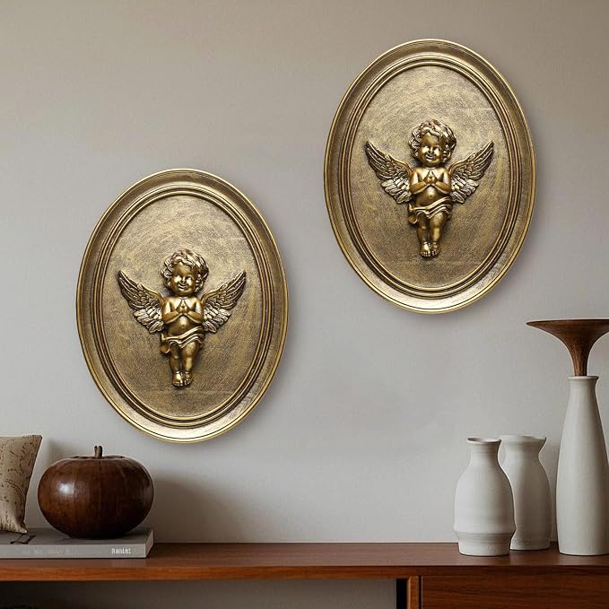 Newinhome Vintage Cherub Wall Sculptures Set of 2 Antique Wall Decor Oval Aesthetic Room Decor Vintage Decoration for Living Room Hallway and Bedroom (Gold Cherubs)