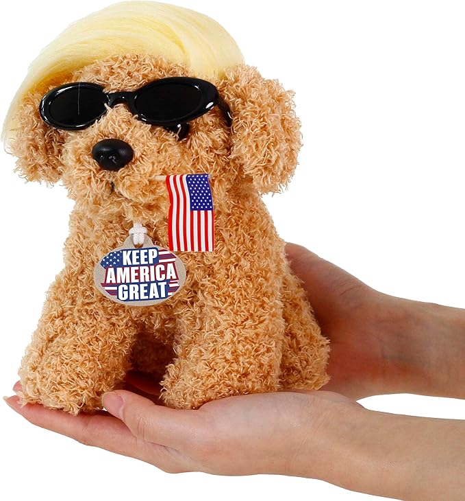 Donald Teddy Dog with Wig, Tag and Flag Donald Doll Donald Dog Toy Funny Gifts Funny Toys (Yellow)