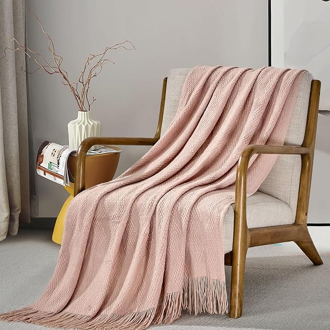 BOURINA Pink Throw Blanket 50x60 Inches Throw Textured Solid Soft Ripple Throws and Blankets for Sofa or Bed Knitted Decorative Throw
