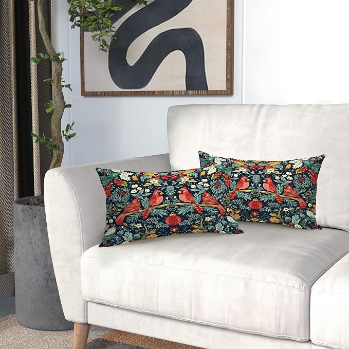 Christmas Lumbar Pillow Covers 12X20 Inch Cardinal Red Birds Berry Leaves Decorative Pillow Cases Set of 2 Xmas Winter Holiday Throw Pillows Farmhouse Home Decor for Sofa Couch Cushion Outdoor