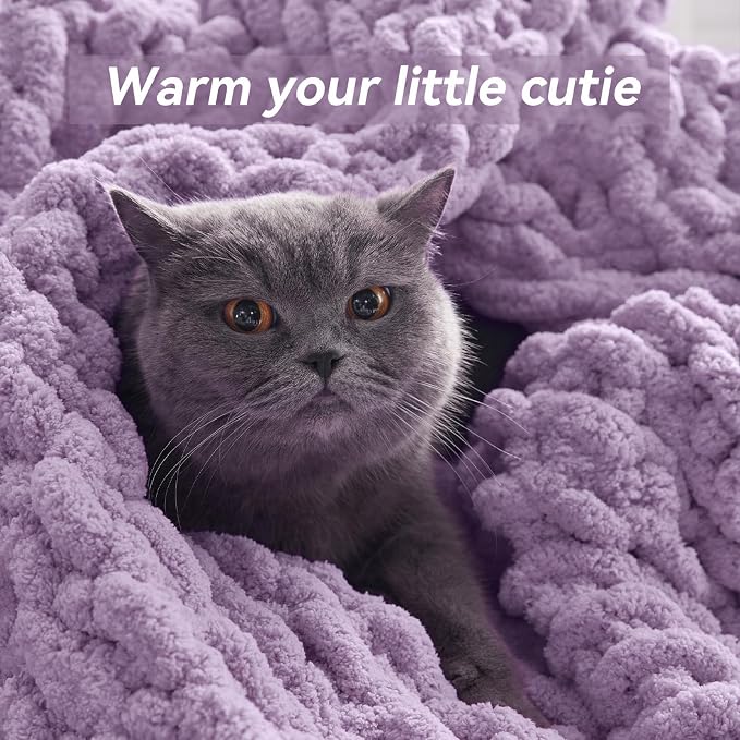Negwoo Chunky Knit Throw Blanket, Knitted Throw Chenille Yarn, 50"*60" | Soft Thick Cable Knitted Blankets, Handmade Big Thick Blanket,Machine Washable Cute Comfy Blanket for Home Decor,Light purple