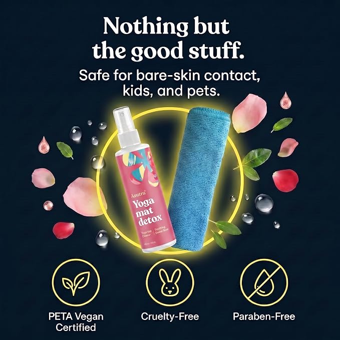 ASUTRA Yoga Mat Cleaner Spray (Soothing Sweet Rose), 4 fl oz - No Slippery Residue, Organic Essential Oils, Deep-Cleansing for Fitness Gear & Gym Equipment, Microfiber Towel Included