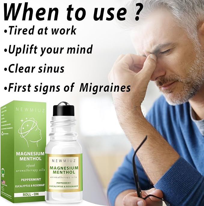 Magnesium Menthol Migraine Roll on Stick - Natural Fast Acting & Cooling Relief Peppermint Eucalyptus Aromatherapy Essential Oils for Headaches Sinus - Perfect Selfcare Gift Stocking Stuffers
