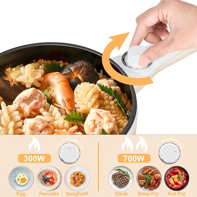 Dezin Electric Pot, 1.5L Non-Stick Portable Hot Pot Electric Upgraded, 700W | Dual Power, Electric Pot for Cooking Steak, Egg, Oatmeal, Mini Ramen Cooker for Dorm, Travel, Camping, RV, Office, Beige Pan