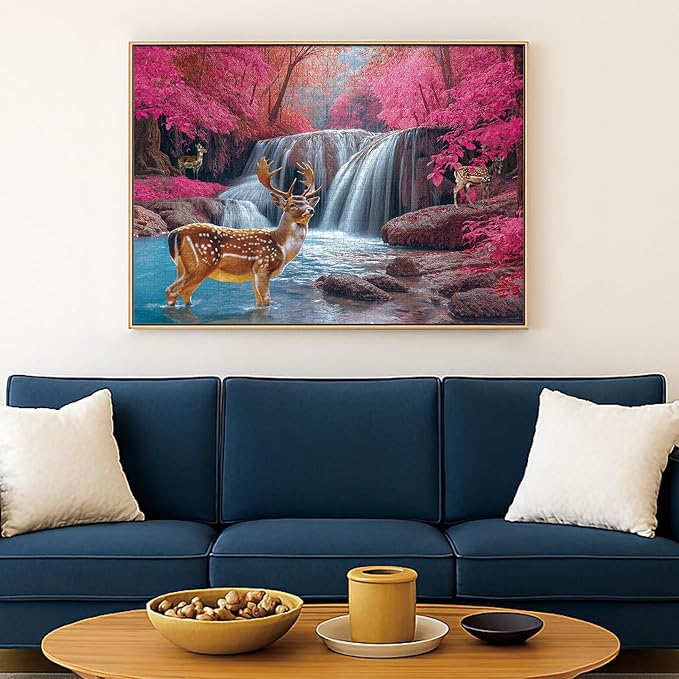 1000 Piece Puzzle of Adults - Beautiful Deer National Park Forest Waterfall, Nature Wildlife Jigsaw Puzzle