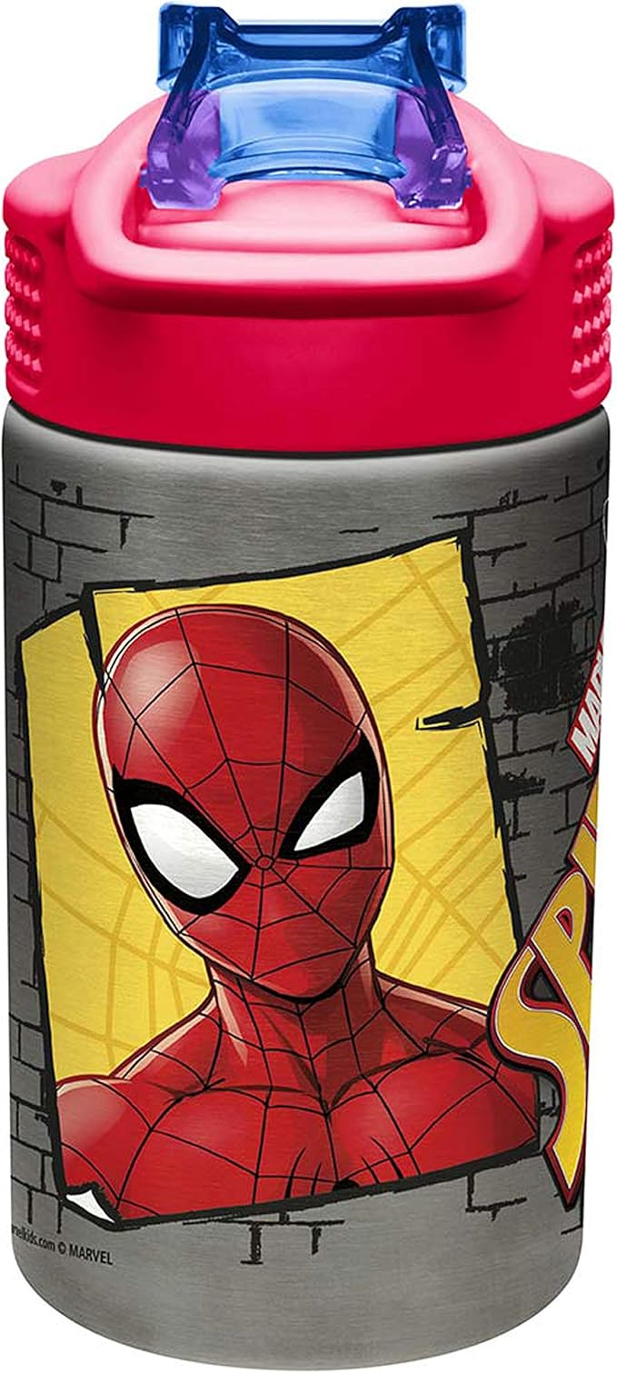 Zak Designs Stainless Steel One Hand Operation Lid and Built-in Carrying Loop Water Bottle with Straw Spout is Perfect for Kids (15.5 oz, BPA Free), 1 Count (Pack of 1), Marvel Comics Spider-Man