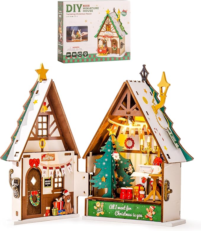 Rowood Miniature House Kit Christmas,Miniature Dollhouse Kits for Adults,Mini House Toy Building Kit,Craft Kits for Women on Christmas-Twinkling Christmas House
