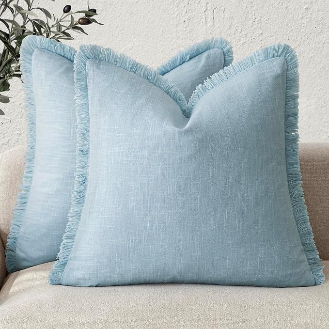 Foindtower Set of 2 Decorative Linen Fringe Throw Pillow Covers Cozy Boho Farmhouse Cushion Cover with Tassels Soft Accent Pillowcase for Couch Sofa Bed Living Room Home Decor,24×24 Inch,Light Blue