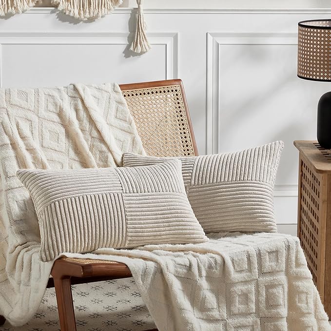 Fancy Homi 2 Packs Neutral Taupe Lumbar Decorative Throw Pillow Covers 16x32 Inch for Living Room Couch Bed Sofa, Farmhouse Home Decor, Soft Striped Corduroy Rectangle Accent Cushion Case 40x80 cm