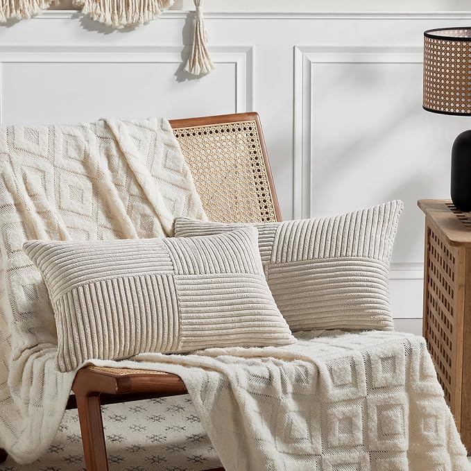 Fancy Homi 2 Packs Neutral Taupe Lumbar Decorative Throw Pillow Covers 16x28 Inch for Living Room Couch Bed Sofa, Farmhouse Home Decor, Soft Striped Corduroy Rectangle Accent Cushion Case 40x70 cm