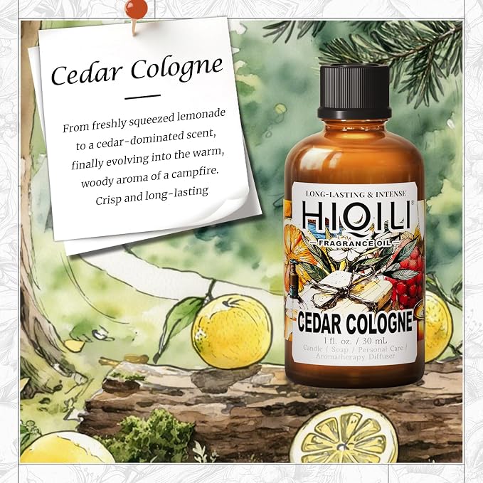 HIQILI Cedar Cologne Fragrance Oil for Diffuser, Candle & Soap Making | Luxury Woody Hotel Scent For DIY Crafts, Long-Lasting Aroma, Ideal For Diffuser, Candles & Soap - 30mL / 1 Fl Oz
