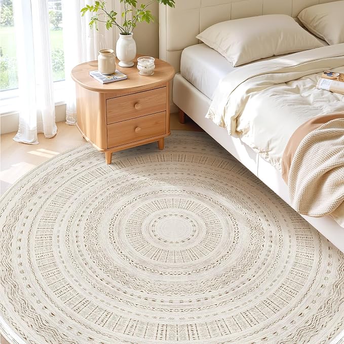 cotiled 8x8 Round Area Rugs Living Room Rug: Washable Boho Rugs with Non Slip Backing Large Soft Indoor Stain Resistant Carpet for Bedroom Farmhouse Dining Room Lightweight Home Decor Brown/Cream