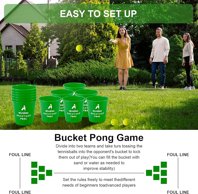 Aivalas Yard Pong Outdoor Games, Giant Yard Games Set with 12 Buckets and Balls for Adults and Family, Toss Game Throwing Games for Beach, Camping, Lawn and Backyard