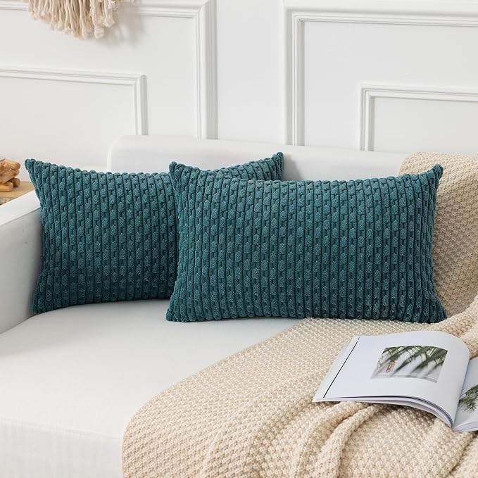 Kevin Textile Soft Corduroy 12"x20" Lumbar Pillow Cover 1 Pack, Teal Blue | Boho Stripe Plush Corduroy Decorative Oblong Cushion Cover Modern Farmhouse Home Decor for Sofa Couch Bed Chair
