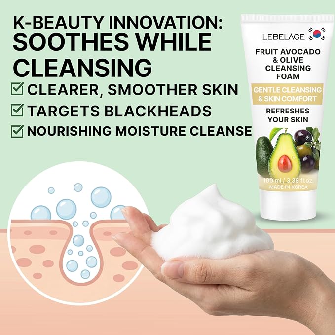 LEBELAGE Korean Avocado&Olive Facial Cleanser 3.38 oz | Cleansing Foam Face Wash | Low pH Gentle Hydrating Daily Facial Cleanser Sensitive Skin | Deep Cleansing Foaming Cleanser, Pore Care