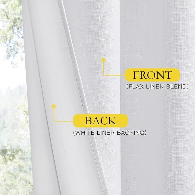 NICETOWN Rod Pocket 100% Blackout Linen Curtains for Living Room with Thermal Insulated Liner, White, 52" Wide, Long Curtains 95" Long 2 Panels Set, Thermal Insulated Privacy Drapes for Bedroom
