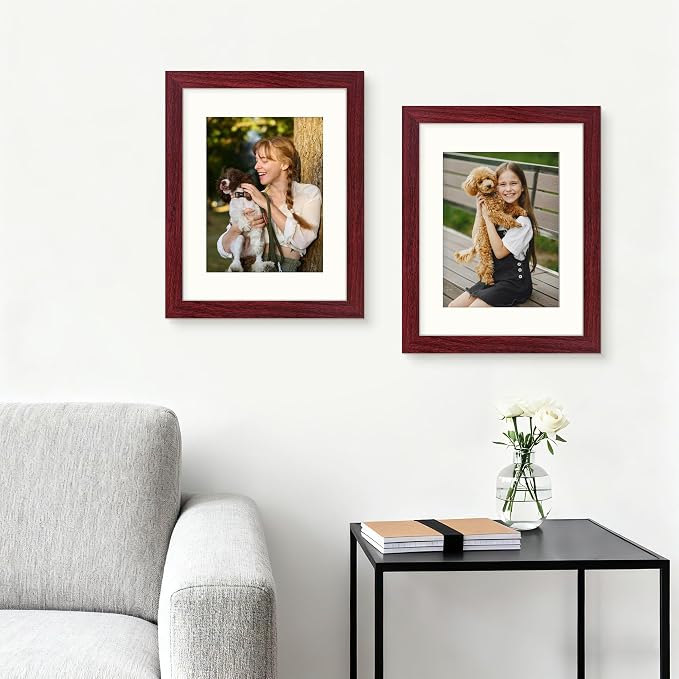 Picrit 8.5x11 Picture Frame Set of 12, Display 6x8 with Mat or 8.5 x 11 without Mat, Photo Frames for Wall Mounting or Table Top Display, Dark Red Wood
