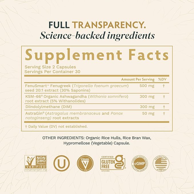 Tribe Organics Ashwagandha Gold - DIM Supplement for Women with Ashwagandha KSM-66®, FenuSmart™ Fenugreek & AstraGin - Clinical-Grade Hormone Balance, Estrogen Support & PMS Relief - 60 Vegan Capsules