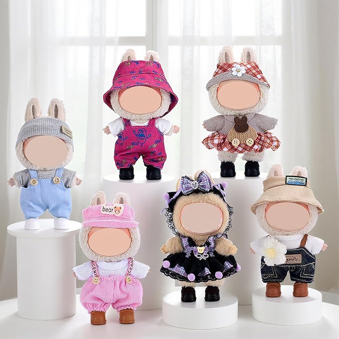 ebuddy 6 Sets Doll Clothes for 17 cm Plush Doll - Fashion Overalls Ensemble Adorable Outfits Collection (Clothes Only)