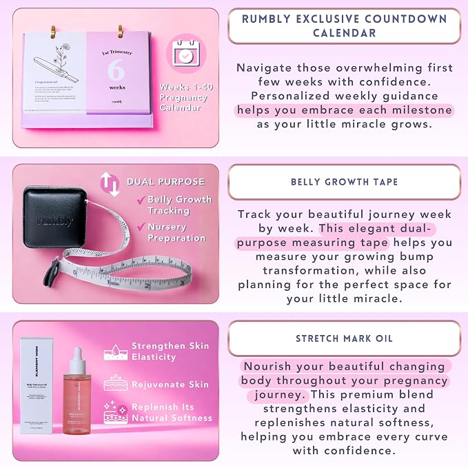 Pregnancy Essentials Box - 5-Piece Pregnancy Care Package for Expecting Mom - Belly Growth Tape, Countdown Calendar, Belly Oil, Kinesiology Tape, Organizer - Any Trimester Gift Basket