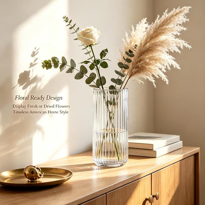 Clear Glass Flower Vase for Pampas Grass, 10 inch Medium Decorative Centerpiece Ribbed Vase for Dining Table, Office Desktop, Shelf Bookshelf, Mantel, Entryway, Bathroom, Countertop, Farmhouse, Gift