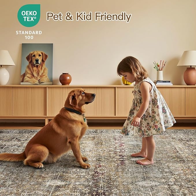 9x12 Area Rugs for Living Room,Washable Non-Slip Brown Large Carpet | Soft Area Rugs for Bedroom, Dining Room, Home Office Indoor Nursery, Stain Resistant, Low Pile, Vintage Distressed Rug