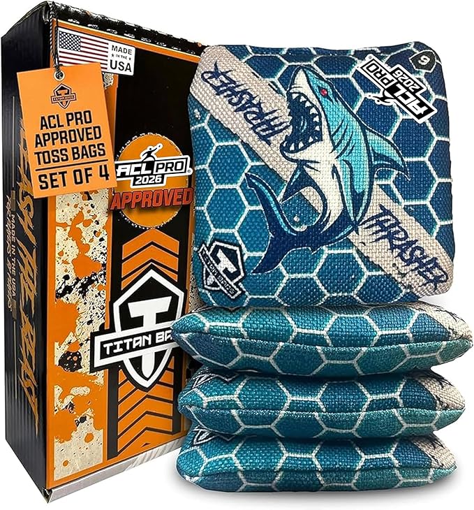 Titan Bags Thrasher Cornhole Bags - 6"x6" ACL PRO Approved Tournament-Grade, Durable Dual-Sided for Precision Shots, All-Weather Power Grip Pellets for Indoor & Outdoor Tossing - Set of 4