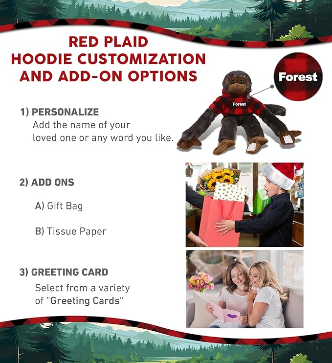 DolliBu Capuchin Monkey Stuffed Animal with Plaid Red Hoodie Sweater and Personalization - Monkey Plush Lumberjack Stuffed Toy with Plaid Jacket Dress Up for Christmas, Holiday, Winter - 21 Inches