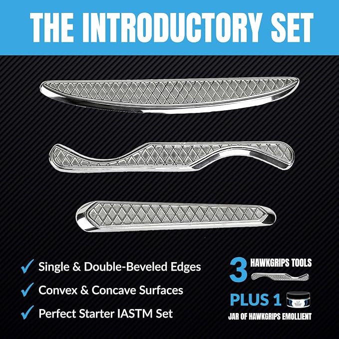 HawkGrips, Introductory Massage Therapy Tool Set with Massage Emollient 8oz, Stainless Steel, Includes Roll-Up Carrying Case, Medium Multi-Curve, Dual-Edge Tongue Depressor, and Scanner Massage Tool