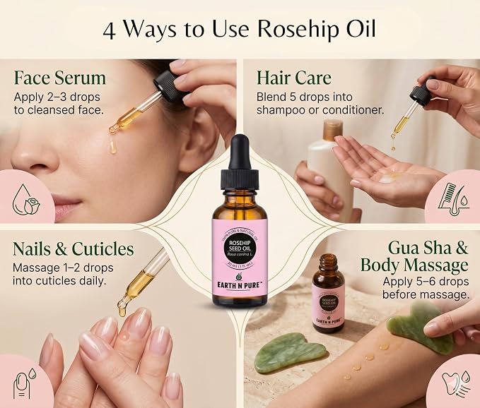 Earth N Pure Rosehip Seed Oil | 100% Pure Natural Cold Pressed Carrier Oil | Premium Quality for Face, Hair, Skin, Nails, Body Massage & DIY Beauty Care | Hexane Free | 30ml