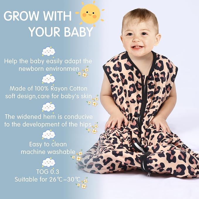 BSTOPPT 3 Pack Baby Sleep Sack 100% Rayon Cotton Baby Sleeping Bag 2-Way Zipper Toddler Wearable Blankets TOG 0.3. (Leopard&Cobble&Green, 6-12 Months)