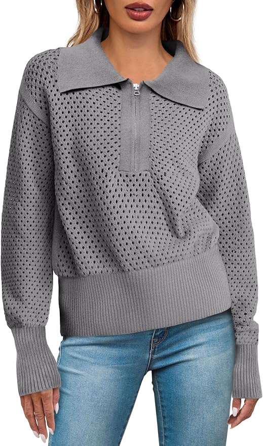Doshoop Womens Summer Crochet Sweaters Long Sleeve Hollow Out Knit Half Zip Lapel Collar Pullover Tops
