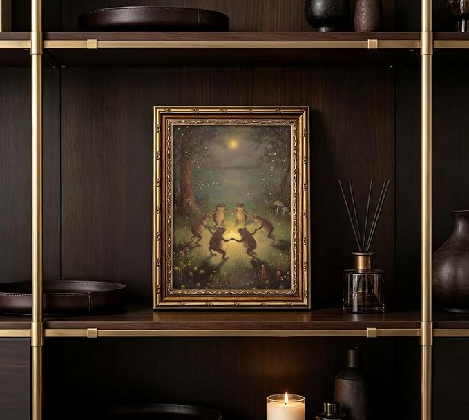 Vintage Gold Framed Frog Wall Art,Frogs Dancing in Moonlight Forest Painting Canvas Prints,Whimsical Animal Wall Decor,Retro Country Toad Poster Artwork,for Corridor Living room Bedroom Kitchen