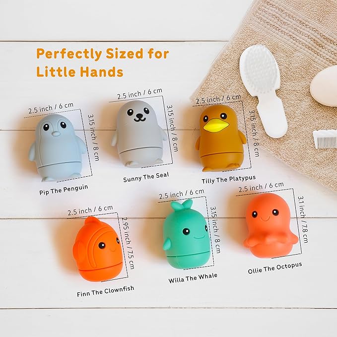 Ocean Friends Bath Toy Set, 6-Piece Silicone Baby Bath Toys for Ages 9 Months+, Soft Food-Grade Silicone, Easy to Clean, Cute Ocean Animals