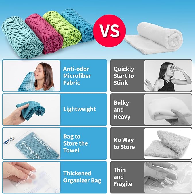 YESLIFE 4 Pack Cooling Towels (40"x12"), Gym Sweat Towels, Cooling Neck Wraps, Soft Breathable Microfiber Towels for Yoga, Running, Sport, Workout, Camping & More (Multicolor)