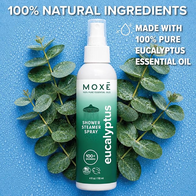 MOXĒ Eucalyptus Oil Shower Mist, Spa Steam Spray, Certified Natural 100% Essential Oils, Made in USA, Aromatherapy, Sinus Congestion Relief, Tension Relief, 4 Ounces