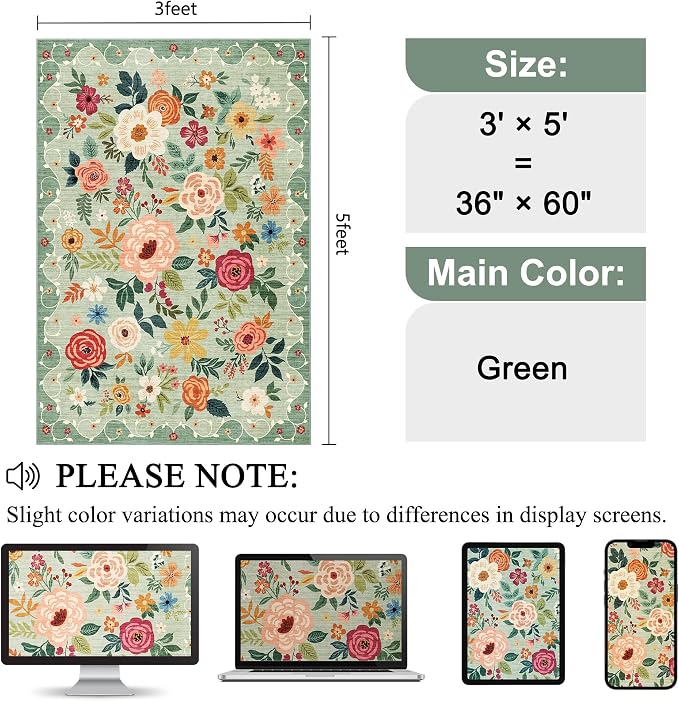 DUKINO 3x5 Area Rug, Floral Washable Rug for Bedroom Non Slip, Green | Soft, Stain Resistant Low Pile Indoor Rug for Entryway, Bedroom, Bathroom, Living Room, Pet Friendly, Home Decor, Lightweight